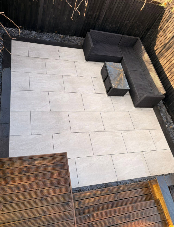 Modern grey porcelain patio with rattan furniture